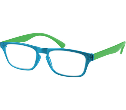 Metro (Blue) classic unisex reading glasses with oval lenses in a two tone blue and green frame.