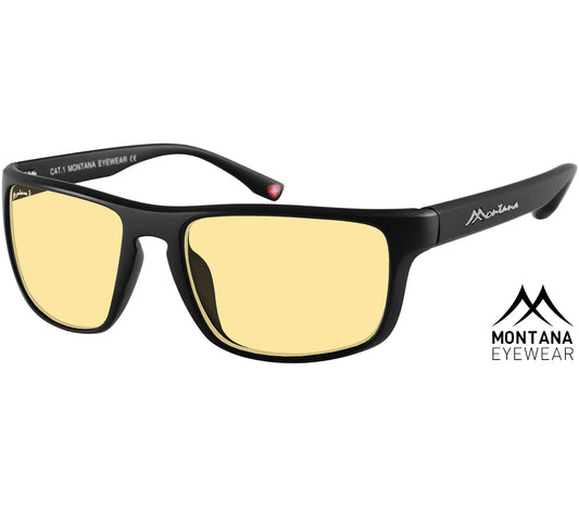 Mondello (Black) classic black wrap-around night driving glasses with black frames and yellow tinted anti glare lenses.