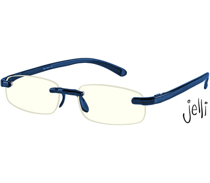 Jelli Digital (Blue) rimless, slim blue light reading glasses with dark blue arms and bridge.