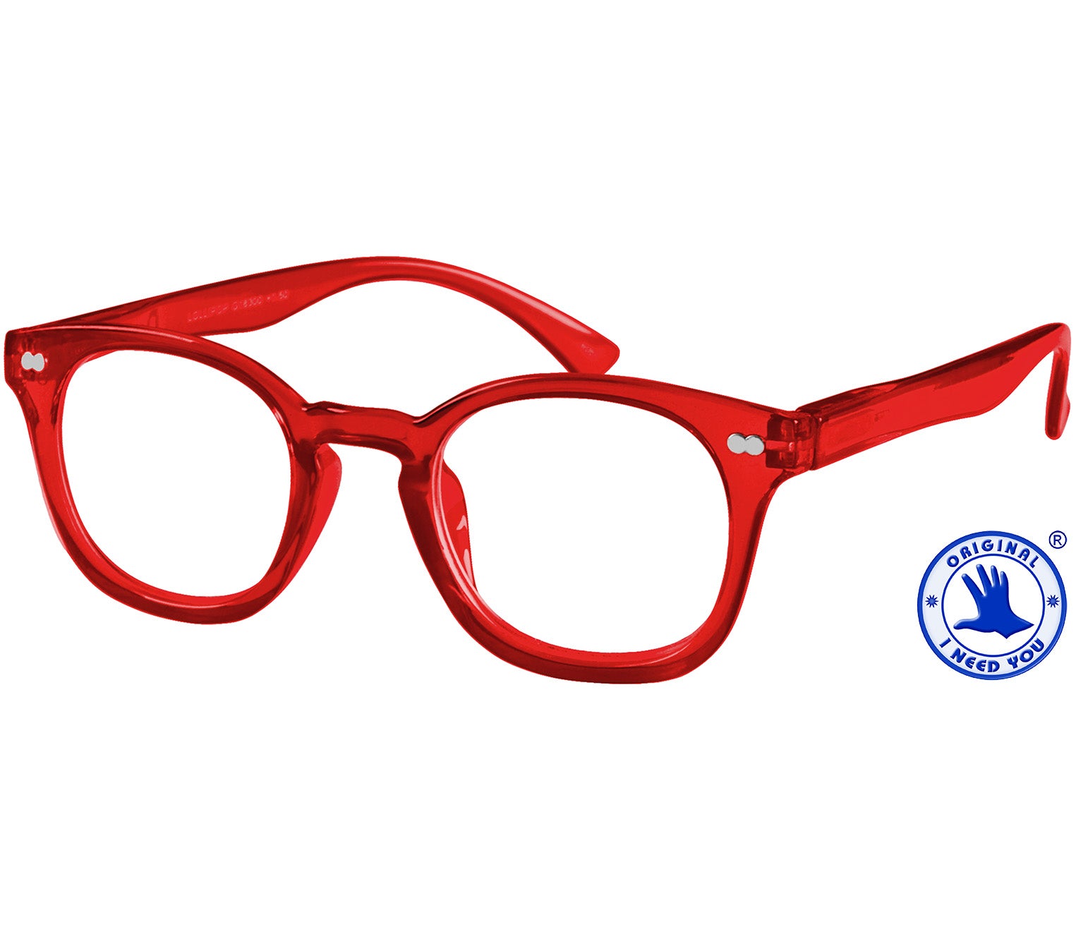 Lollipop (Red) chunky retro, unisex reading glasses. Bright red frames with rivet details.