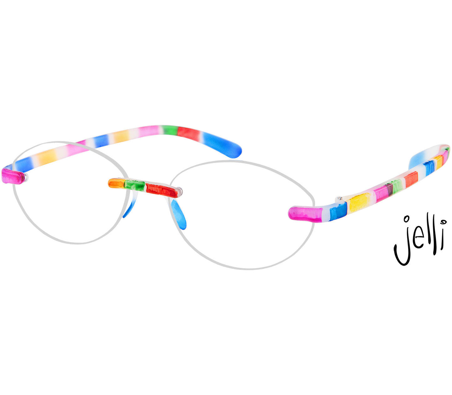 Jelli Solo (Multi-Coloured) round, rimless reading glasses with soft touch finish, fun multicoloured details.