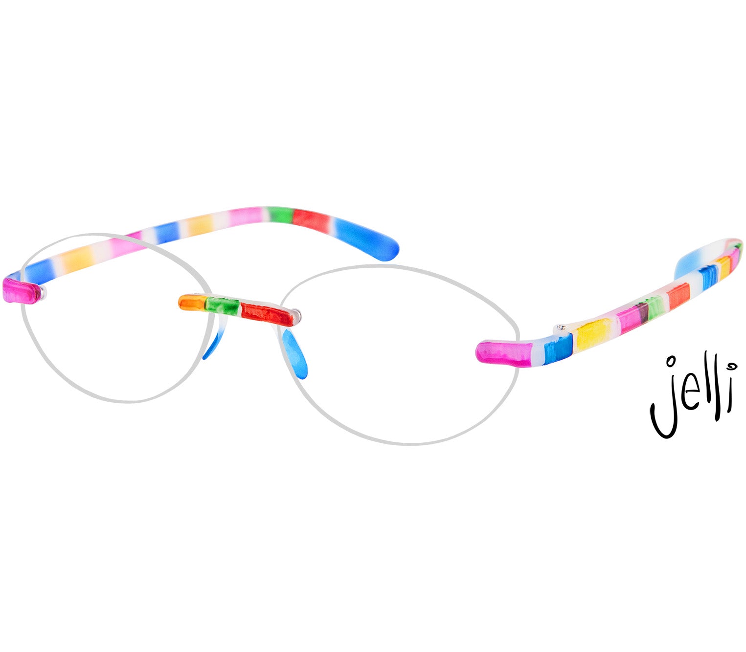 Jelli Solo (Multi-Coloured) round, rimless reading glasses with soft touch finish, fun multicoloured details.