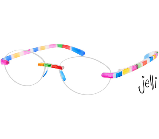 Jelli Solo (Multi-Coloured) round, rimless reading glasses with soft touch finish, fun multicoloured details.