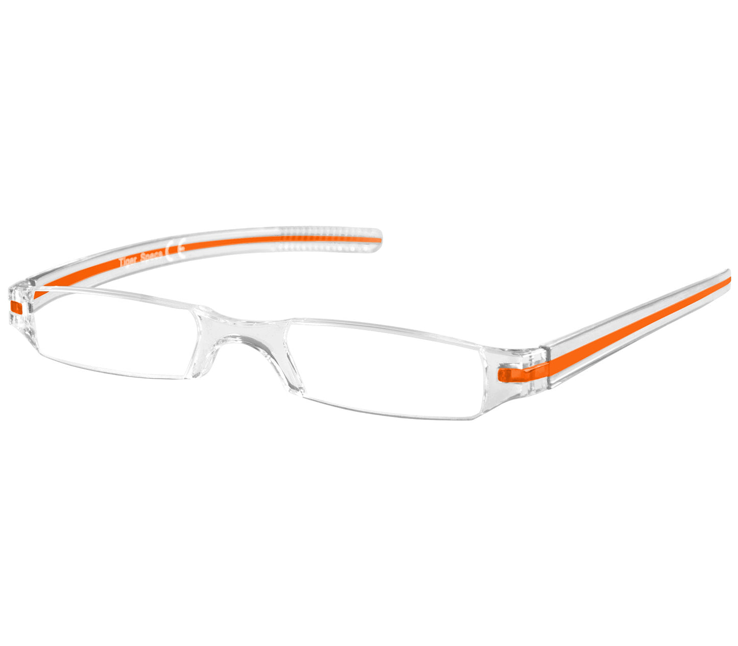 Soda (Orange) sleek, compact and ultra lightweight reading glasses with clear frames and orange detailed temples.