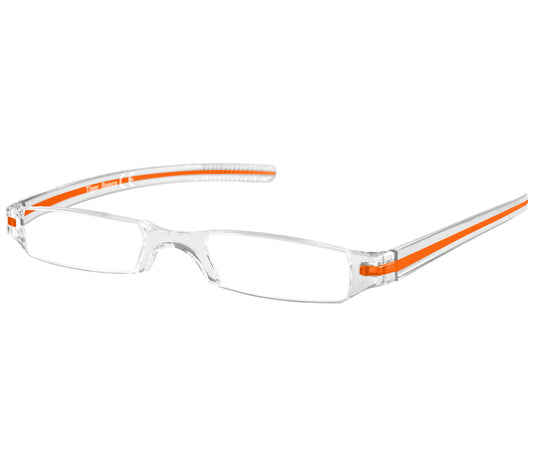 Soda (Orange) sleek, compact and ultra lightweight reading glasses with clear frames and orange detailed temples.
