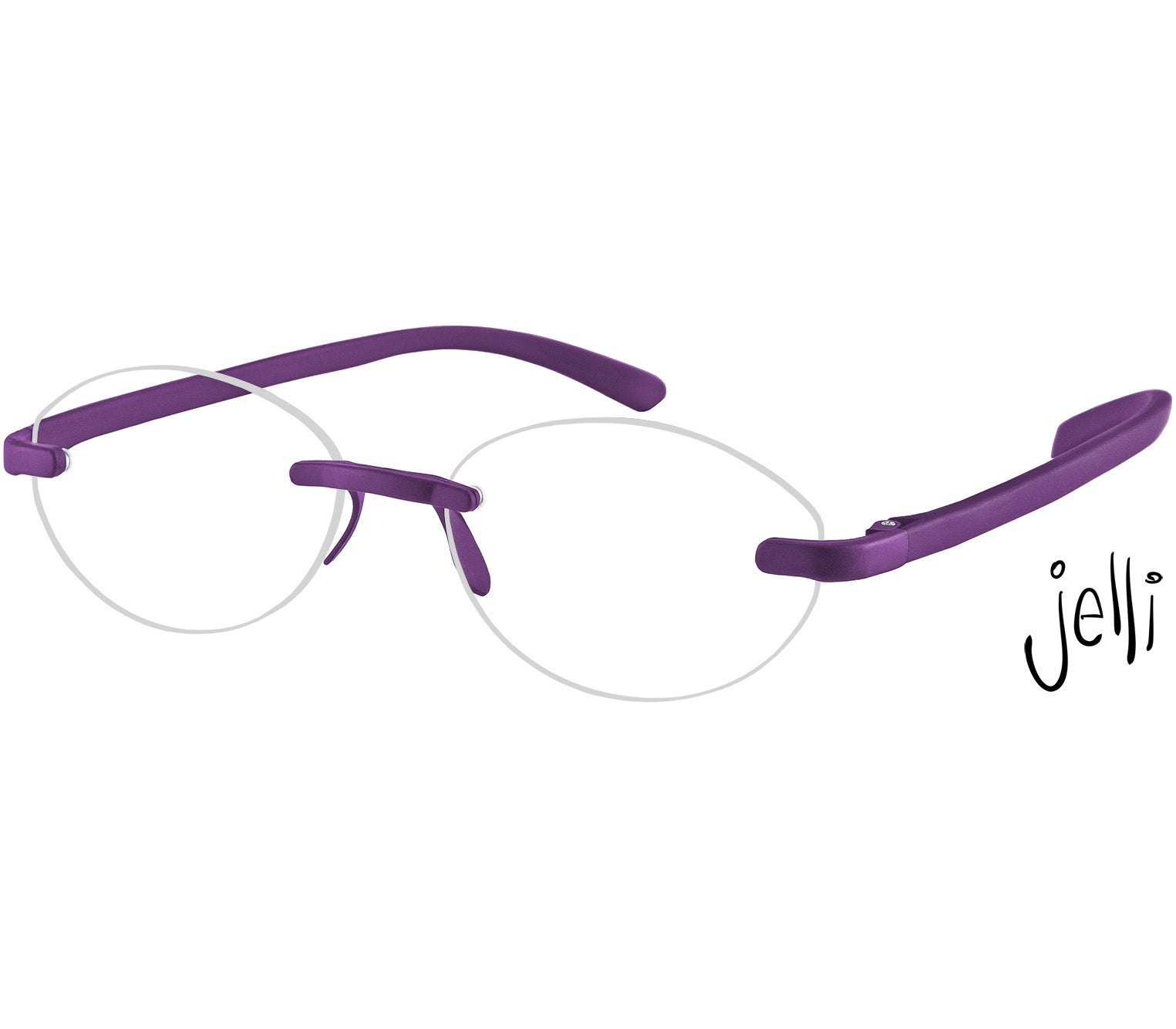 Jelli Solo (Purple) round, rimless reading glasses with matt finish, deep purple details.