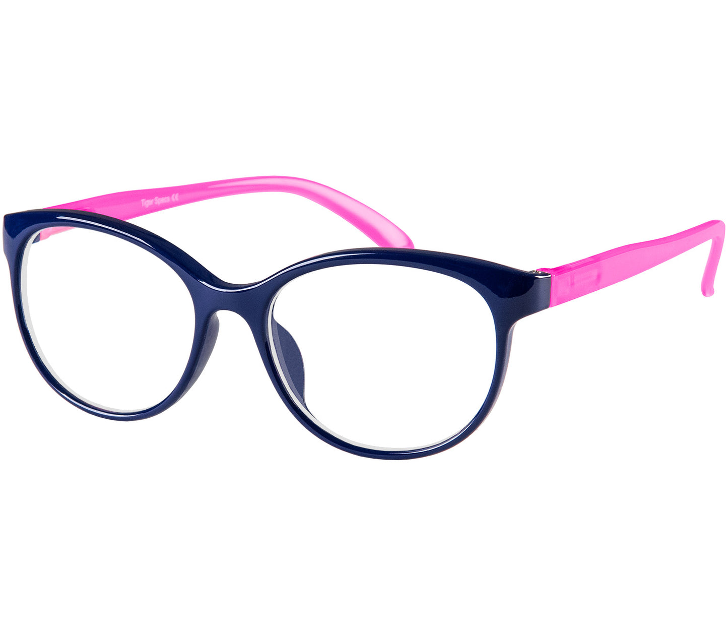 Angel (Blue) womens cat eye style reading glasses with blue frames and pink arms.