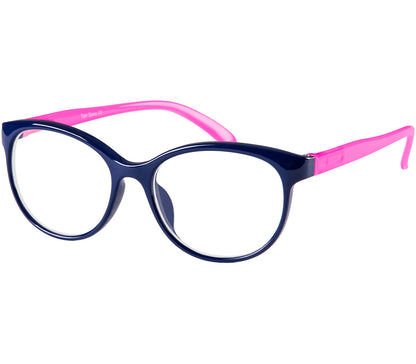 Angel (Blue) womens cat eye style reading glasses with blue frames and pink arms.