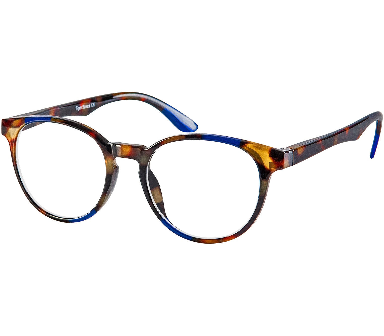 Marlow (Blue Tortoise) oval shaped reading glasses with a blue and brown tortoiseshell pattern and glossy finish.