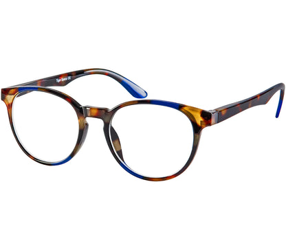 Marlow (Blue Tortoise) oval shaped reading glasses with a blue and brown tortoiseshell pattern and glossy finish.