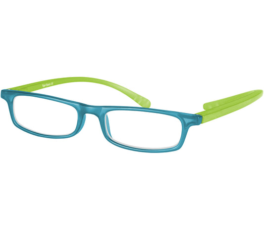 Jam (Blue) slender, rectangular unisex reading glasses with extra long arms to hang around your neck when not in use.