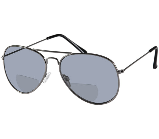 Bailey (Gunmetal) aviator style, unisex, bifocal reading sunglasses. Slim gunmetal frame and temples.