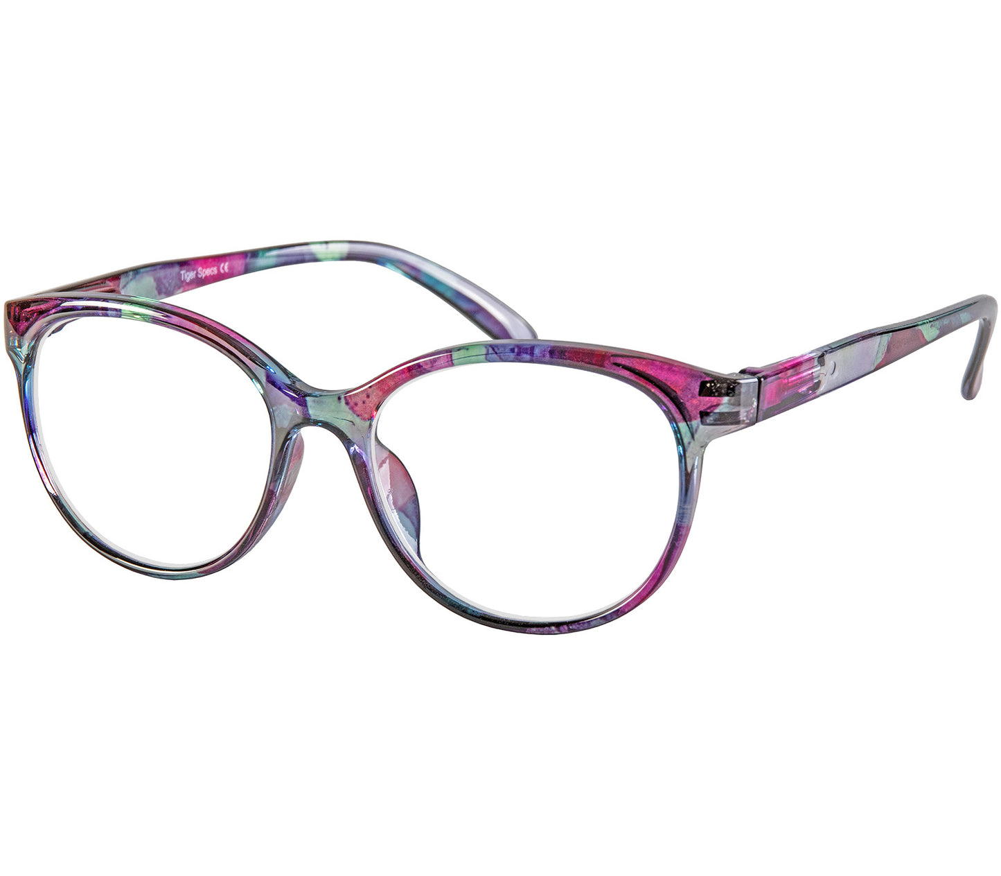 Lala (Multi-coloured) cat eye shaped, women's reading glasses with a multi coloured floral pattern.