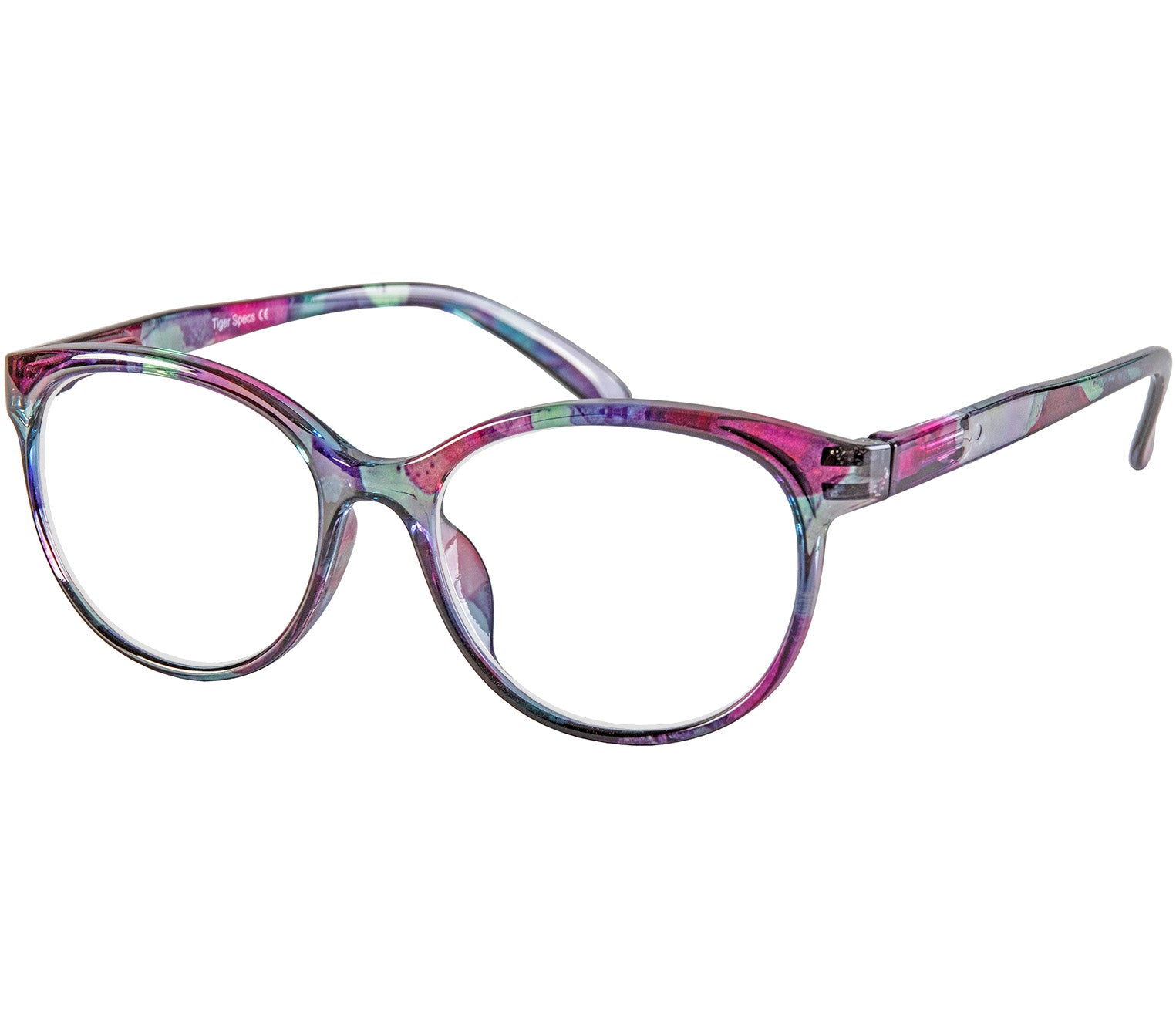 Lala (Multi-coloured) cat eye shaped, women's reading glasses with a multi coloured floral pattern.