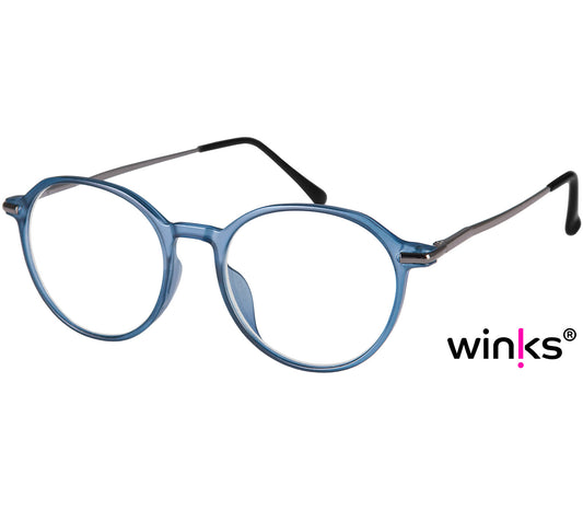 Halifax (Blue) retro unisex reading glasses with light blue frames and metal arms.