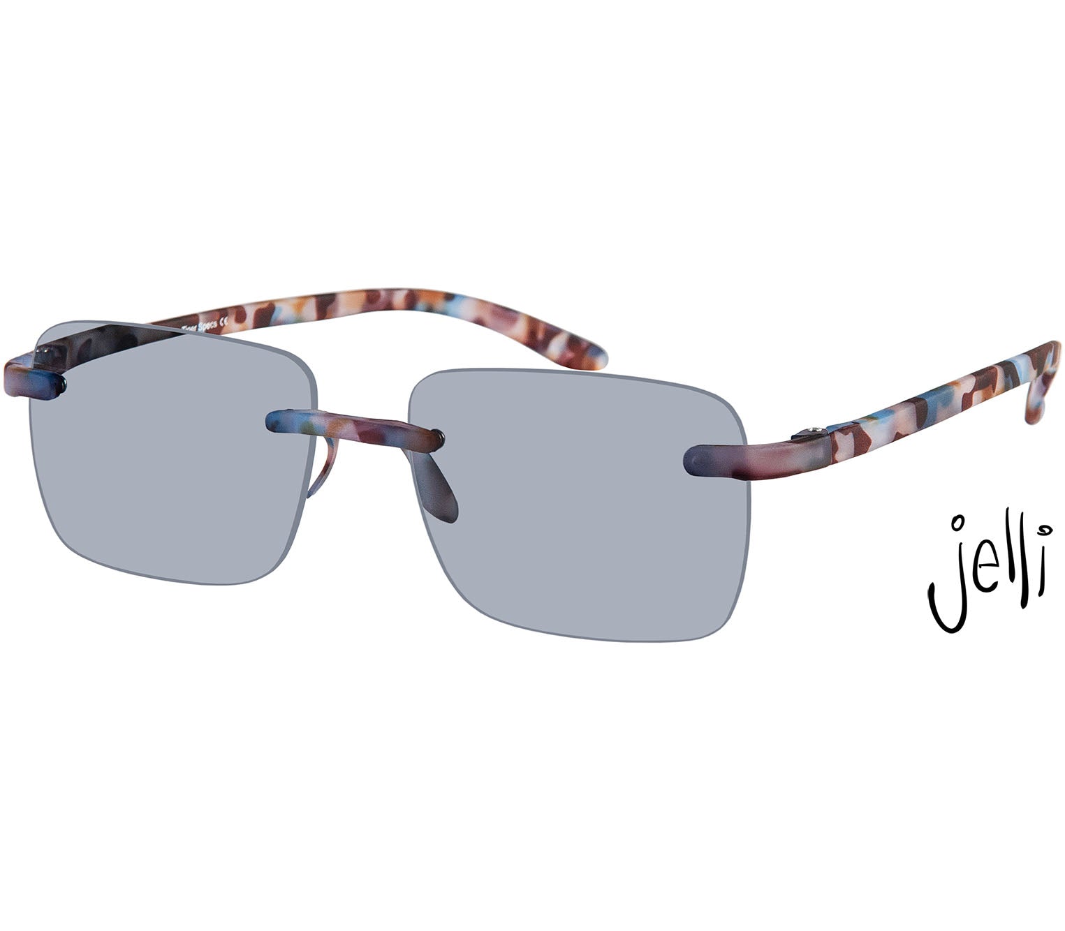Jelli Sun (Multi Tortoise) unisex sun reading glasses with large square lenses and multicoloured, tortoiseshell arms and details.