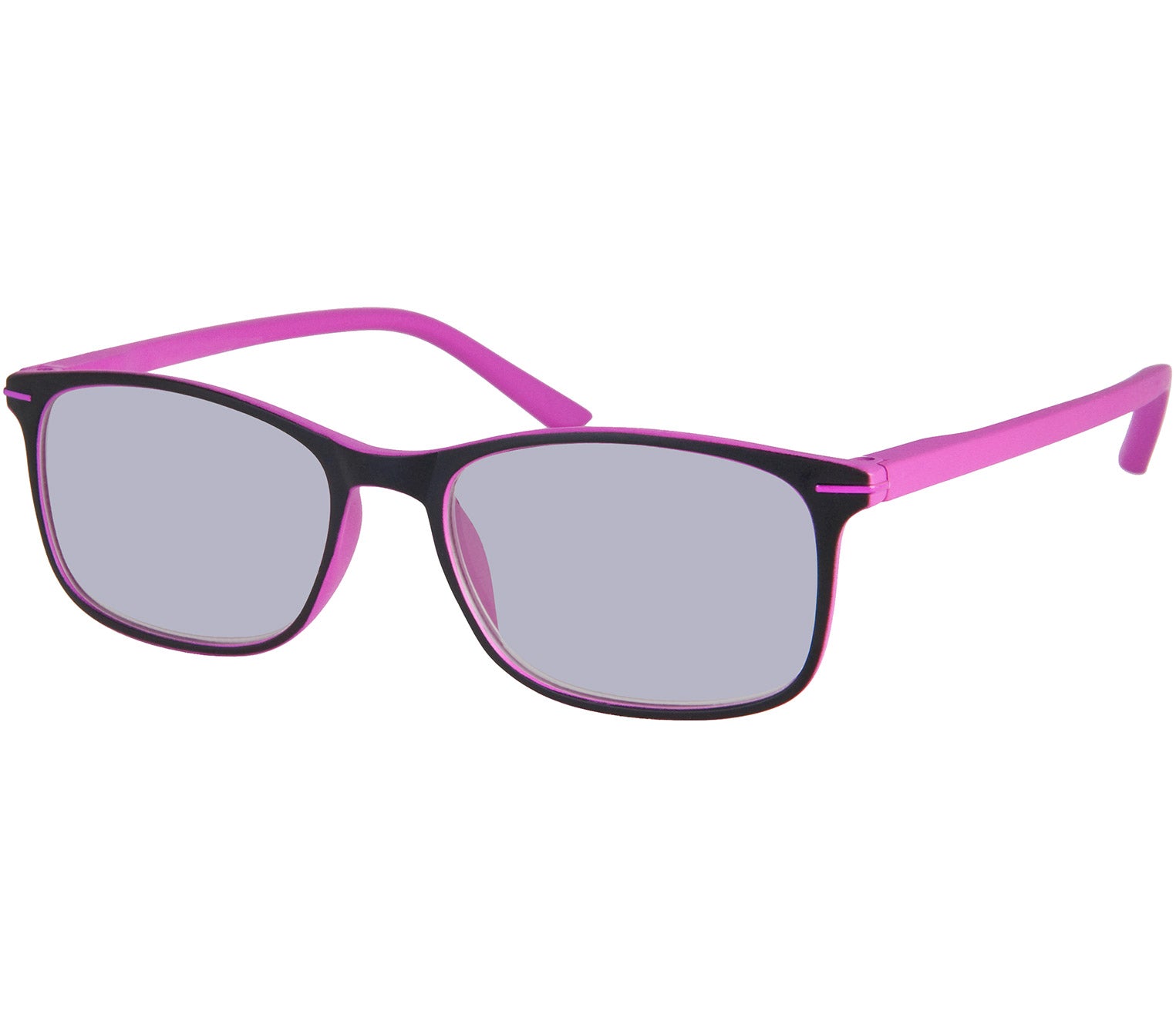 Mirage (Pink) classic shaped reading sunglasses with two tone black and pink frames with smoke grey lenses.