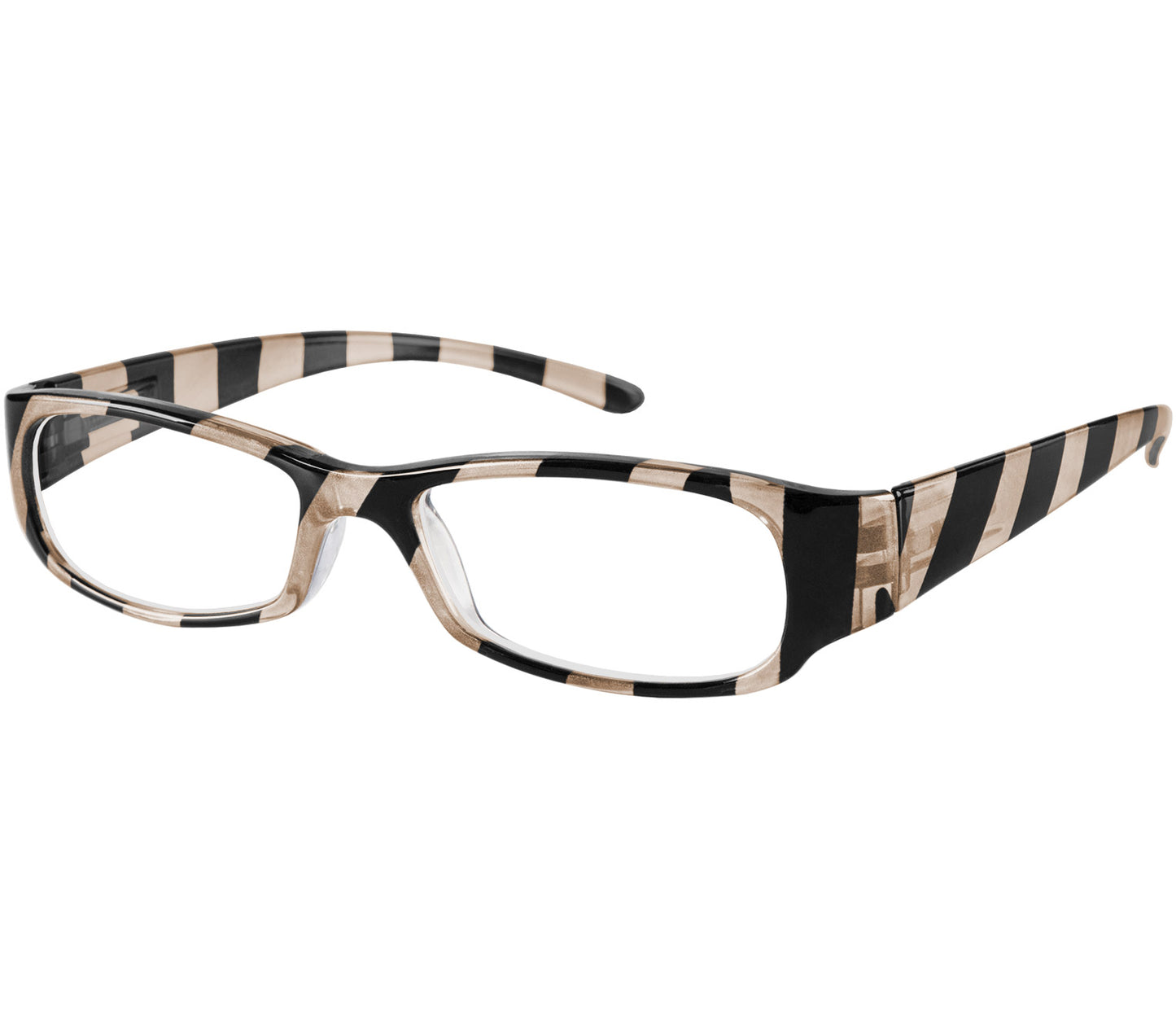 Shandy (Grey) classic women's reading glasses with striped champagne and black frames and a glossy finish.