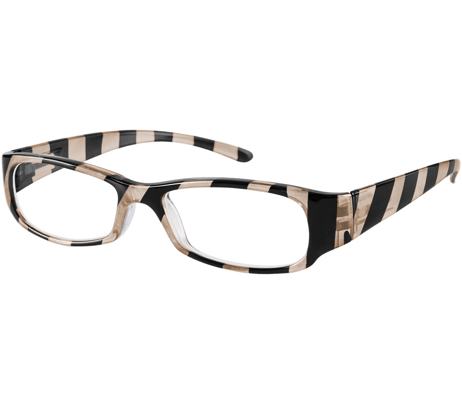 Shandy (Grey) classic women's reading glasses with striped champagne and black frames and a glossy finish.