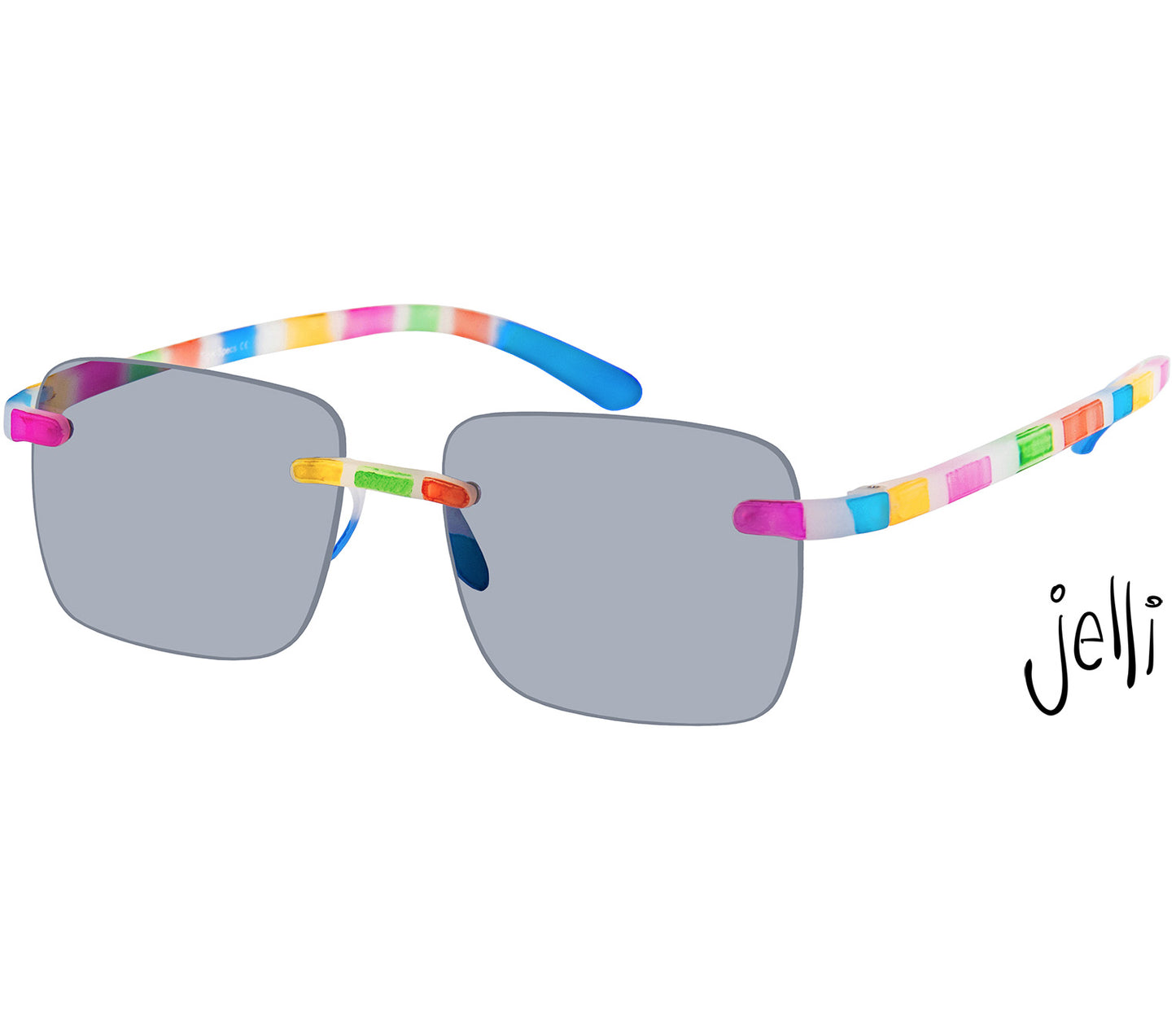 Jelli Sun (Multi-coloured) unisex sun reading glasses with large square lenses and fun multicoloured arms and details.