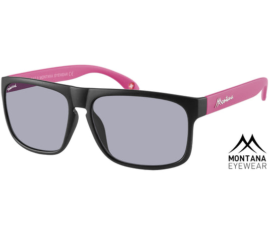 Radar (Pink) black and pink retro wayfarer sunglasses with large smoke grey lenses.