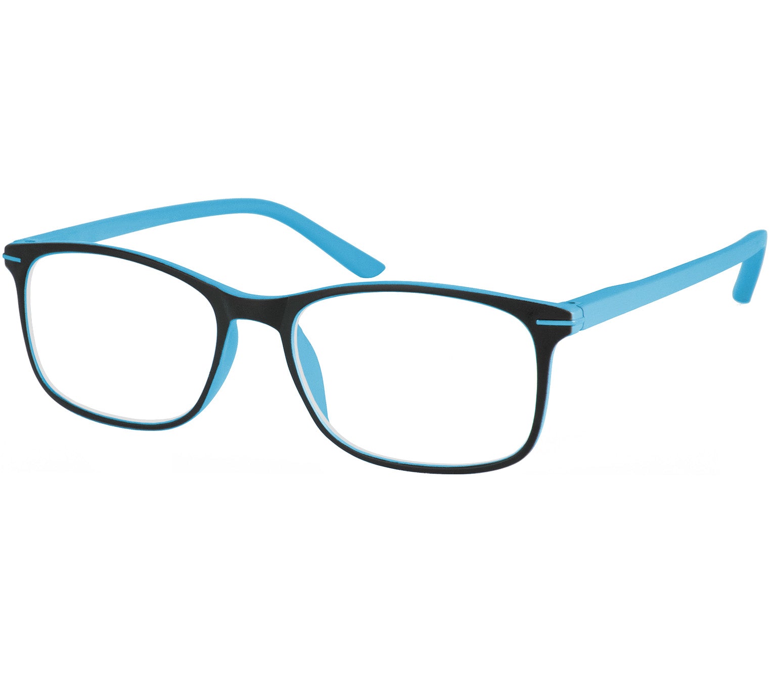 Jazz (Blue) classic shape reading glasses with rectangular lenses in a two tone blue and black frame.