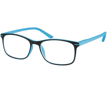 Jazz (Blue) classic shape reading glasses with rectangular lenses in a two tone blue and black frame.
