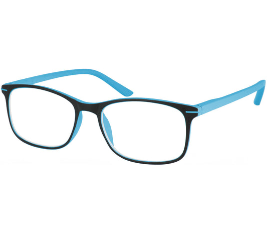 Jazz (Blue) classic shape reading glasses with rectangular lenses in a two tone blue and black frame.