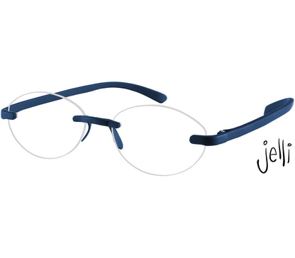 Jelli Solo (Blue) round, rimless reading glasses with soft touch finish, deep blue details.