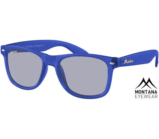 Osaka (Blue) classic wayfarer shape sunglasses with oval, grey tinted lenses and bright blue frames.