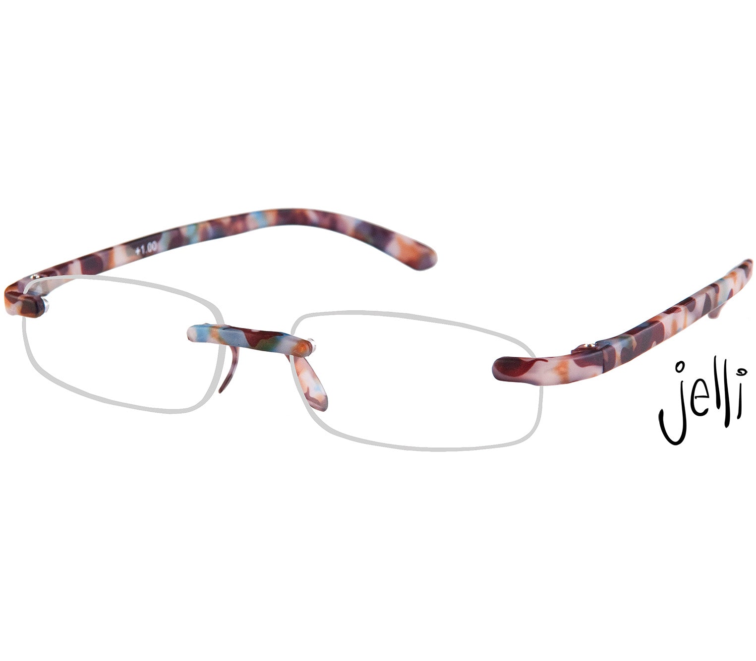 Jelli (Multi Tortoise) rimless, slim reading glasses with semi translucent, tortoiseshell arms and bridge