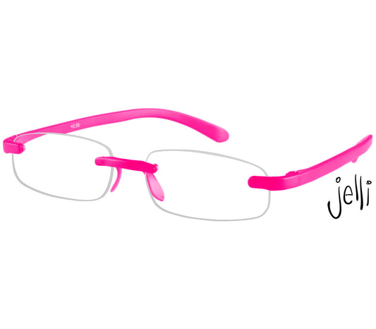 Jelli Neon (Pink) rimless, slim reading glasses with semi-translucent bright pink arms and bridge.