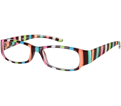 Shandy (Multi-coloured) classic women's reading glasses with striped multicoloured frames and a glossy finish.