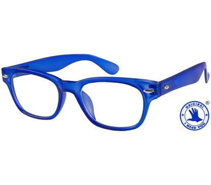 Woody (Blue) retro wayfarer style reading glasses with a bright blue frame and rivet details.