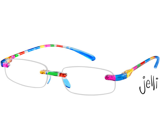 Jelli (Multi-Coloured) rimless, slim reading glasses with semi translucent, multicoloured arms and bridge.
