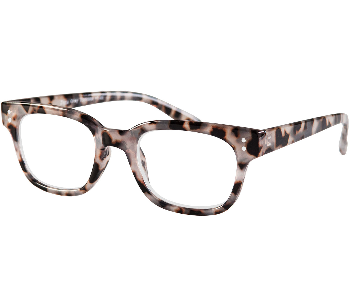 Ziggy (Grey Tortoise) classic retro reading glasses with chunky grey tortoiseshell frame and rivet details.