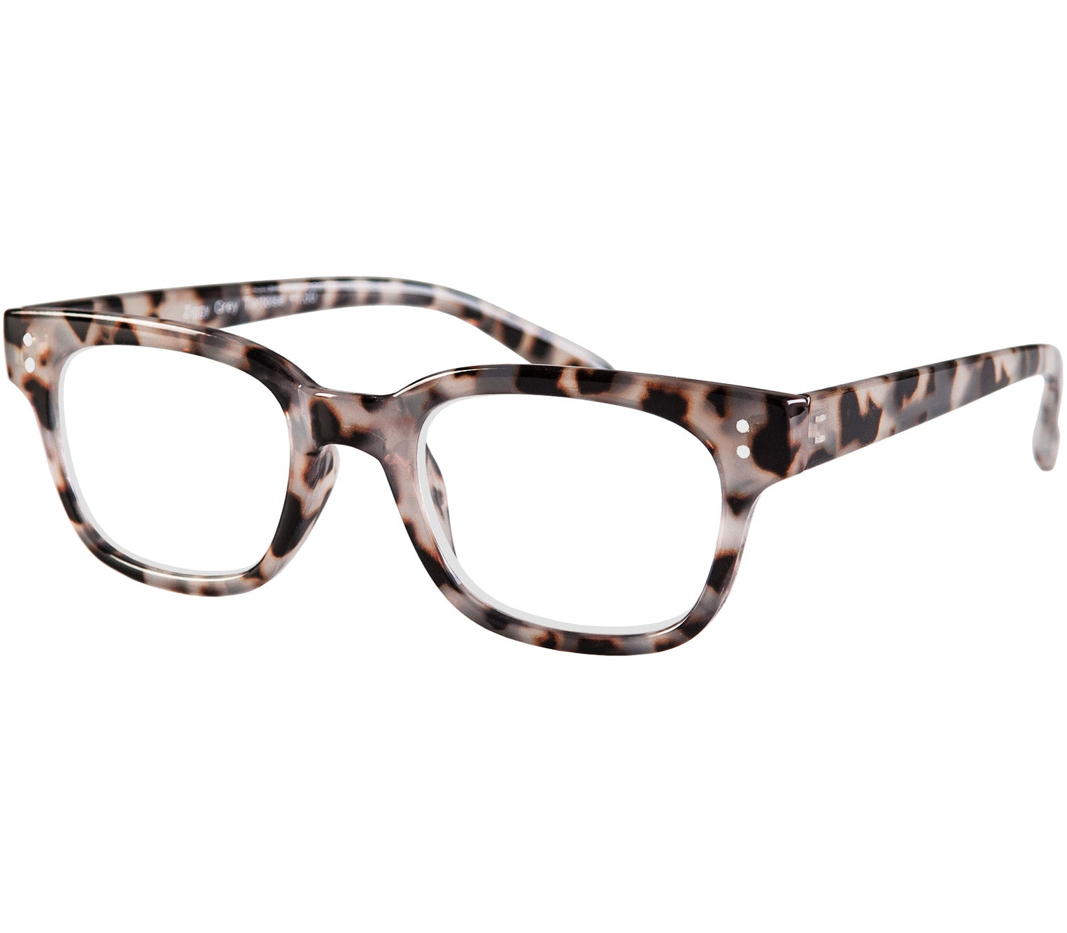 Ziggy (Grey Tortoise) classic retro reading glasses with chunky grey tortoiseshell frame and rivet details.