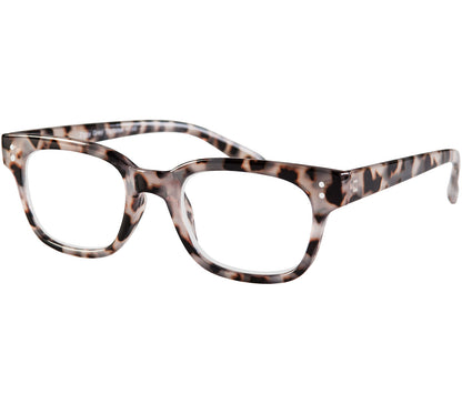 Ziggy (Grey Tortoise) classic retro reading glasses with chunky grey tortoiseshell frame and rivet details.