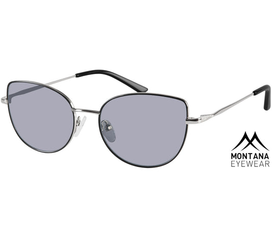 California (Silver) slender silver and black cat eye style sunglasses with smoke grey lenses.