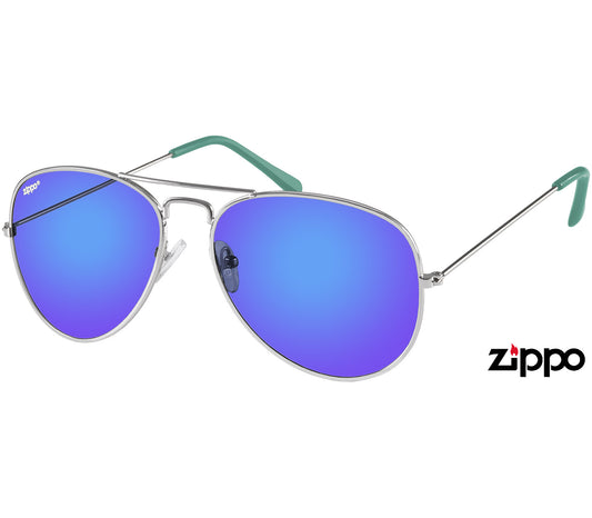 Pilot (Blue) classic aviator sunglasses by Zippo with blue mirror lenses and slender metal frames.
