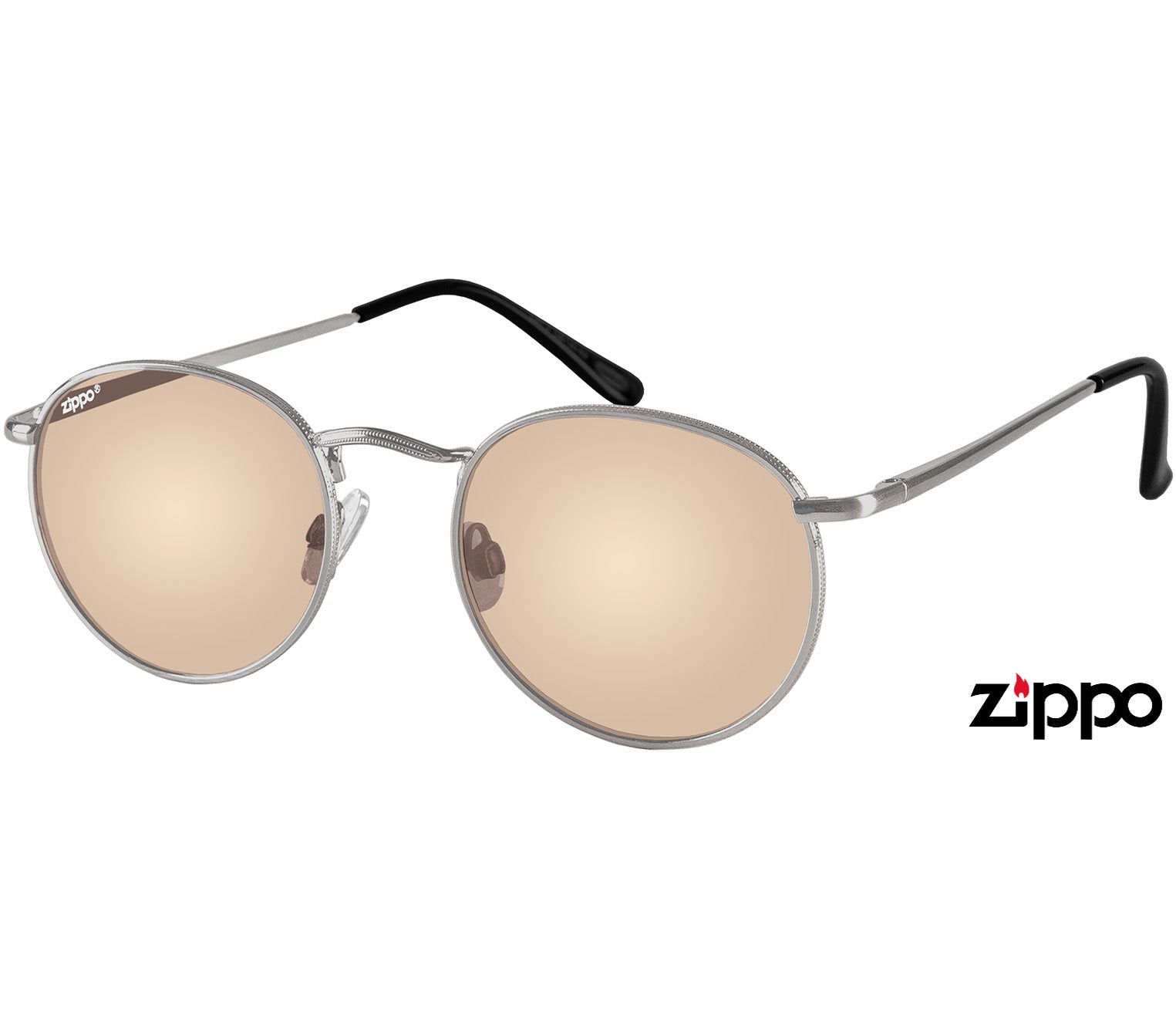 Tresco (Silver) brushed silver round sunglasses with a slender metal frame and brown tinted lenses.