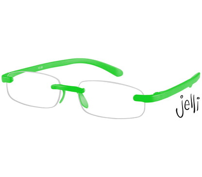 Jelli Neon (Green) rimless, slim reading glasses with semi-translucent bright green arms and bridge.