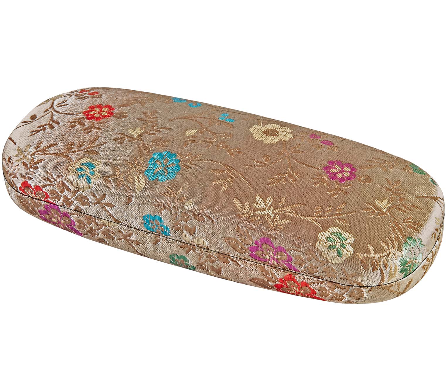 Diva (Gold) hard, snap close glasses case with floral pattern.