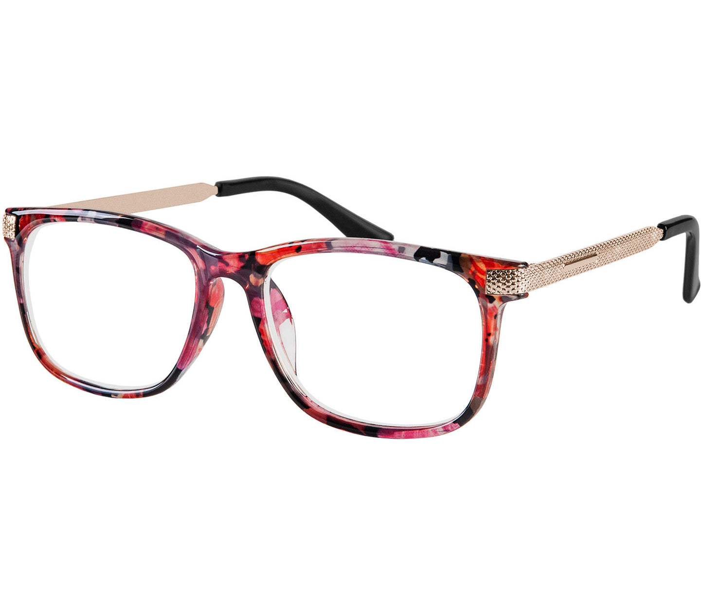 Lima (Multi-coloured) classic style, unisex reading glasses with oval lenses. Translucent, delicate floral patterned frames and gold arms.