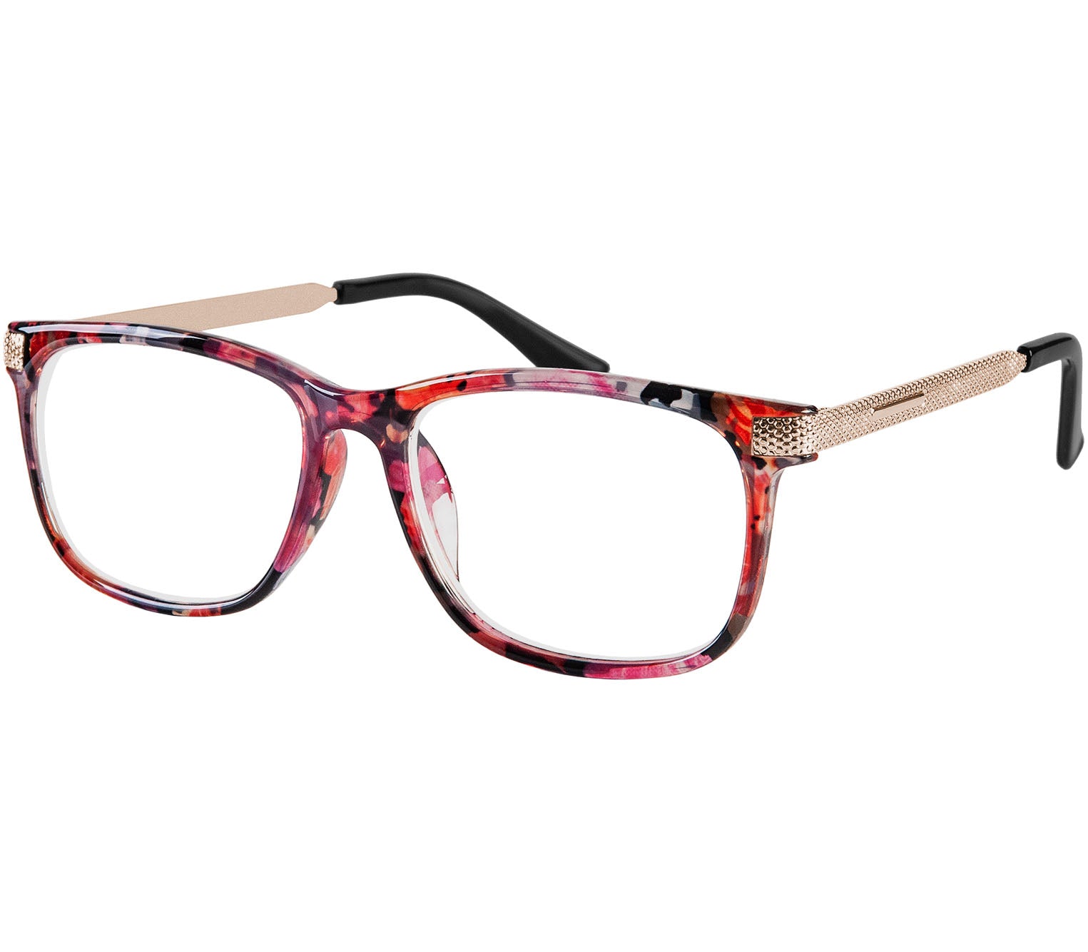 Lima (Multi-coloured) classic style, unisex reading glasses with oval lenses. Translucent, delicate floral patterned frames and gold arms.