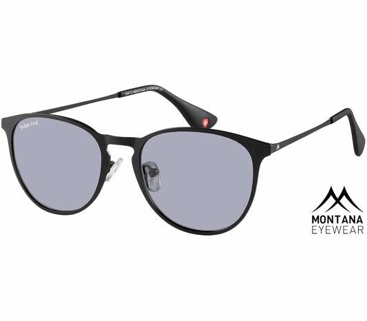 St Lucia (Black) retro sunglasses with a slender black frame and smoke grey, polarised lenses.