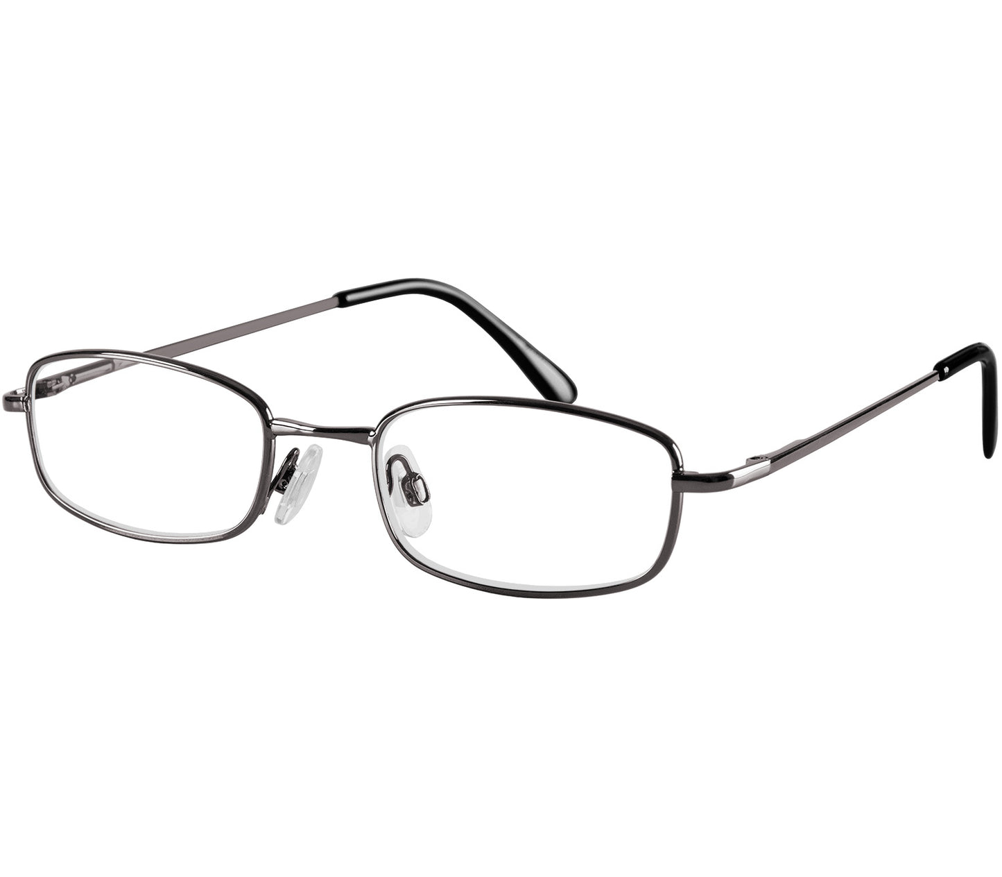 Shuffle (Gunmetal) classic rectangular shape reading glasses. Slender metal frames and adjustable nose pads.