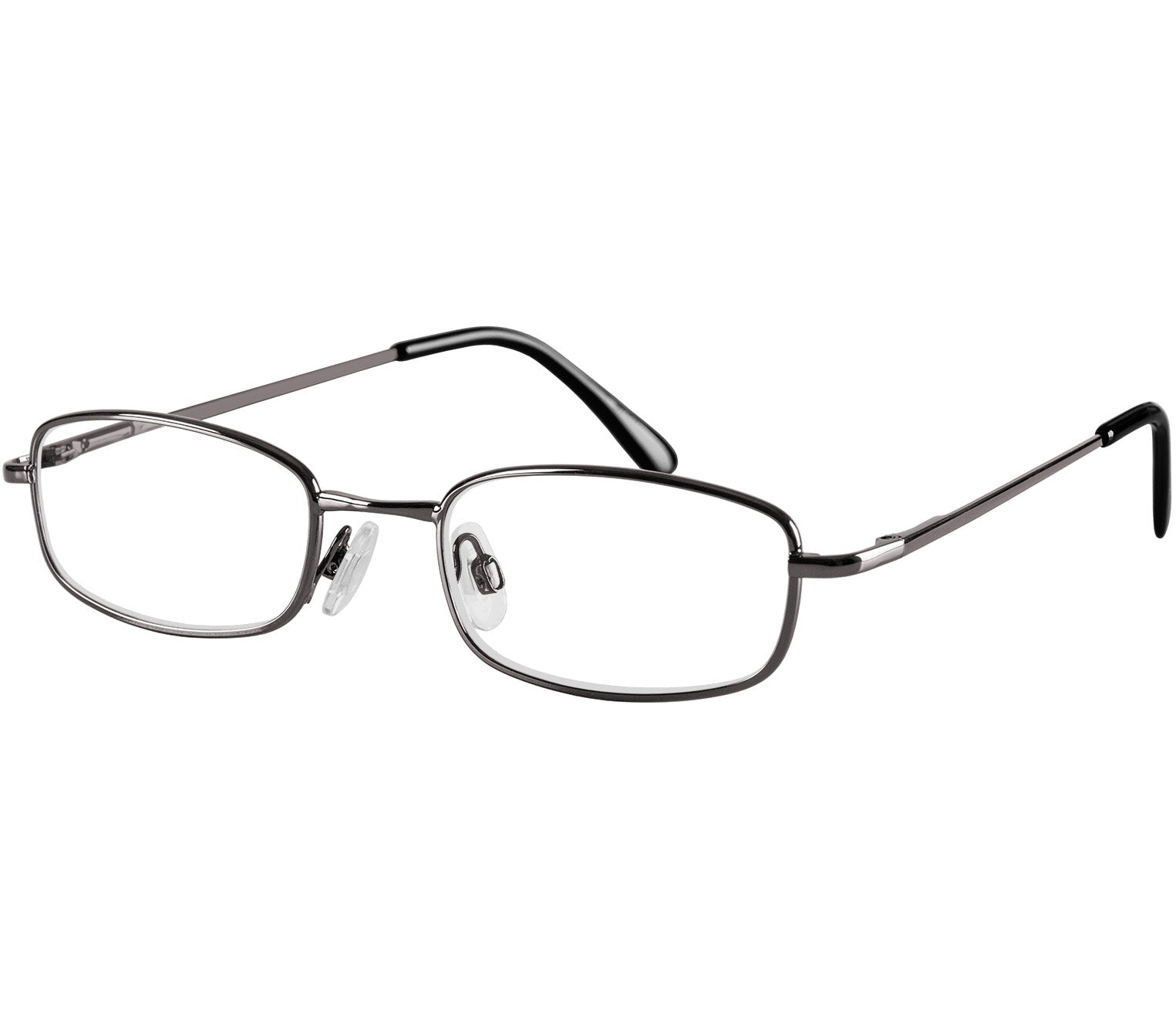 Shuffle (Gunmetal) classic rectangular shape reading glasses. Slender metal frames and adjustable nose pads.