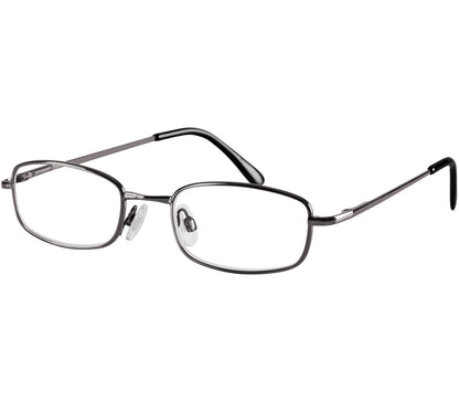 Shuffle (Gunmetal) classic rectangular shape reading glasses. Slender metal frames and adjustable nose pads.