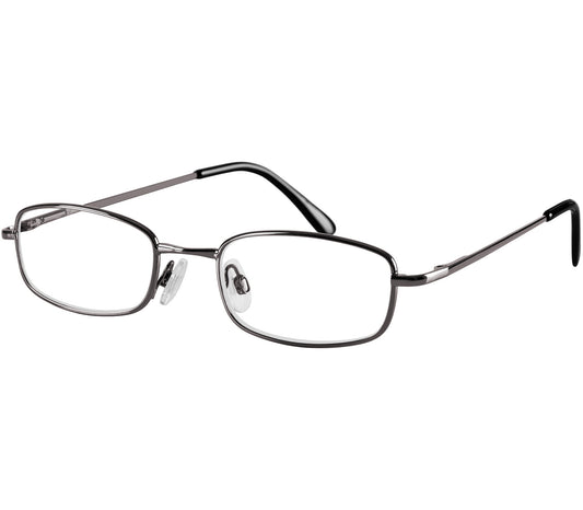 Shuffle (Gunmetal) classic rectangular shape reading glasses. Slender metal frames and adjustable nose pads.